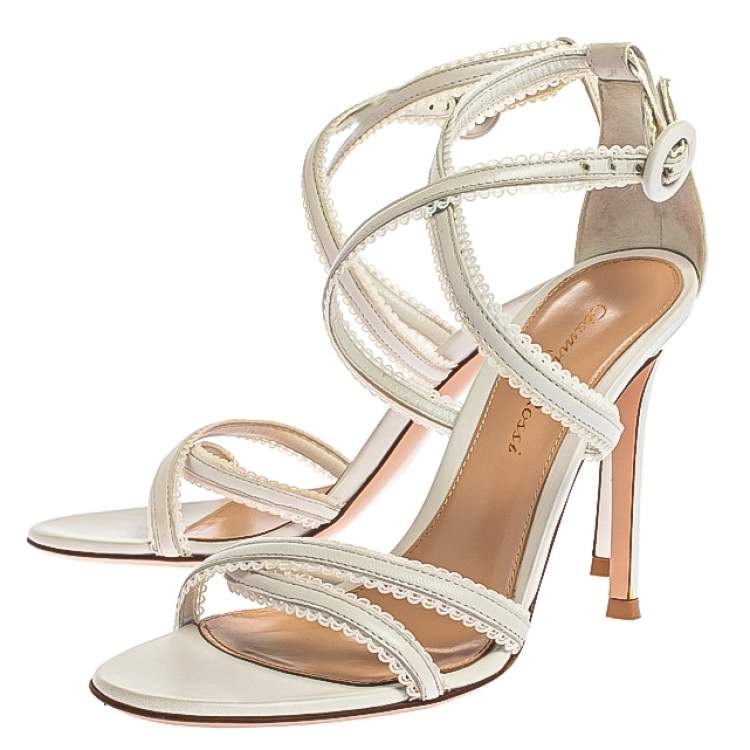 Pre Owned Gianvito Rossi White Criss Cross Leather Brad Strap Sandals Size 35