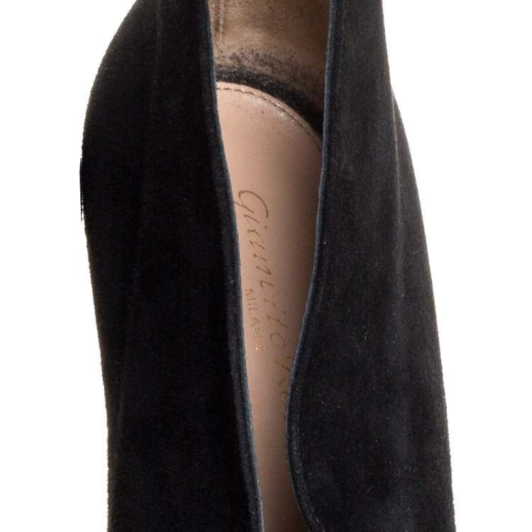 Pre Owned Gianvito Rossi Black Suede Vamp Peep Toe Booties Size 38.5