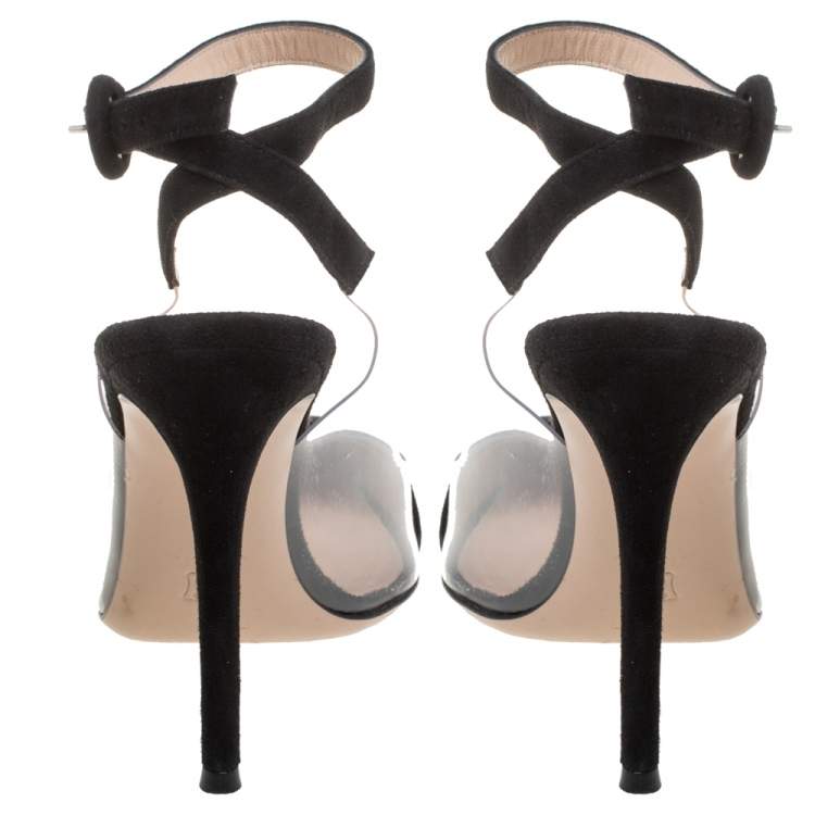Pre Owned Gianvito Rossi Black Suede And Pvc Anise Pointed Toe Ankle Strap Sandals Size 38