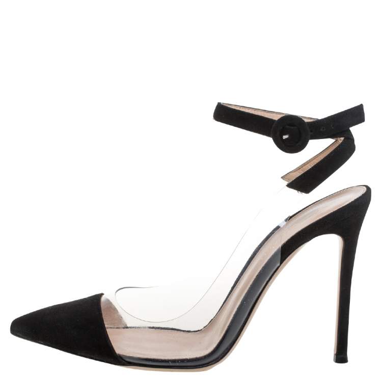 Pre Owned Gianvito Rossi Black Suede And Pvc Anise Pointed Toe Ankle Strap Sandals Size 38