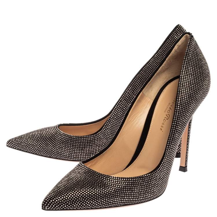 Pre Owned Gianvito Rossi Suede Leather Silver Crystal Embellished Lennox Pointed Toe Size 38