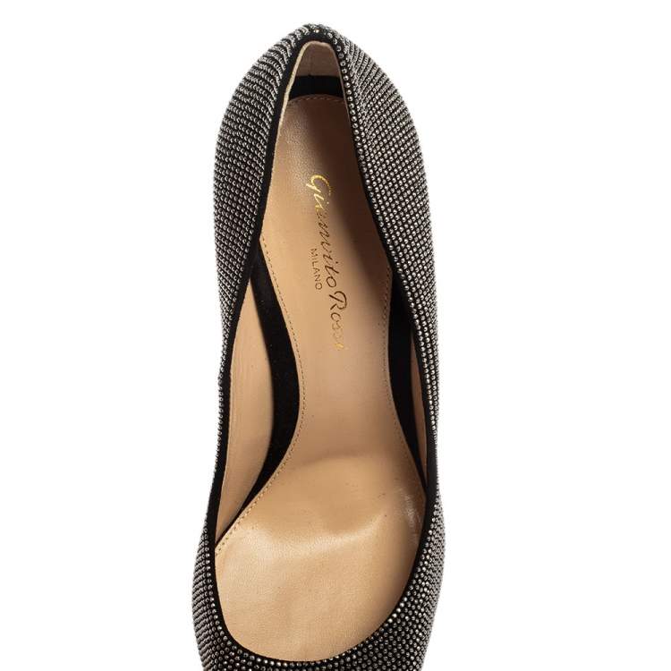 Pre Owned Gianvito Rossi Suede Leather Silver Crystal Embellished Lennox Pointed Toe Size 38