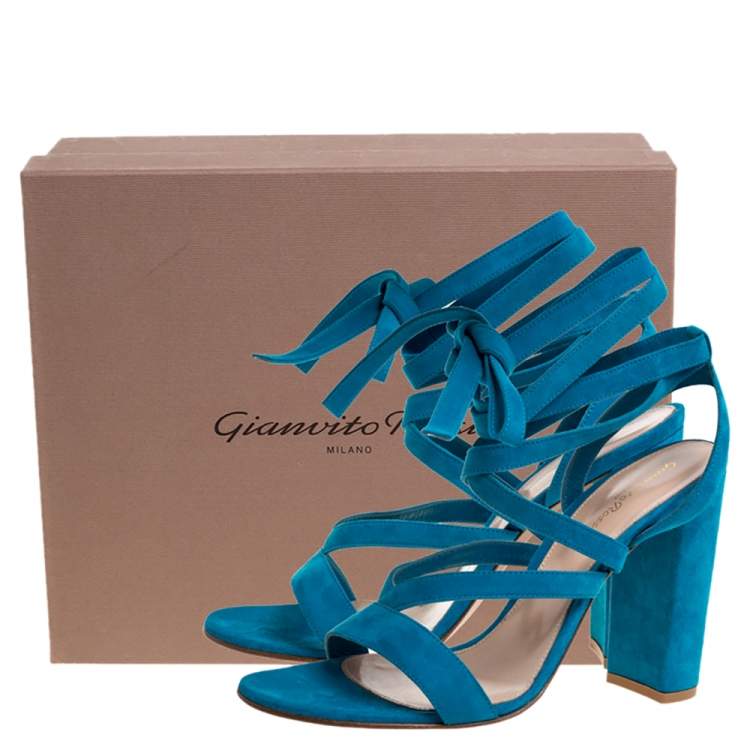 Pre Owned Gianvito Rossi Blue Suede Leather Ankle Wrap Sandals Size 41