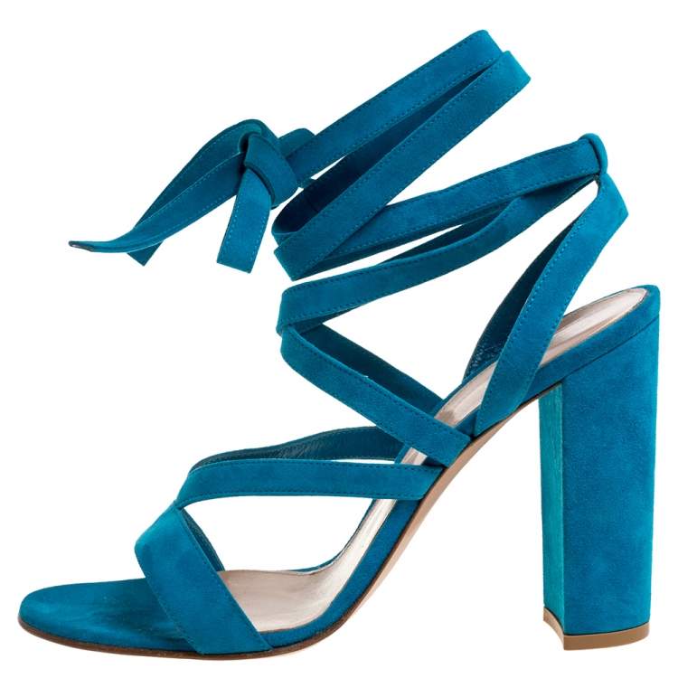 Pre Owned Gianvito Rossi Blue Suede Leather Ankle Wrap Sandals Size 41