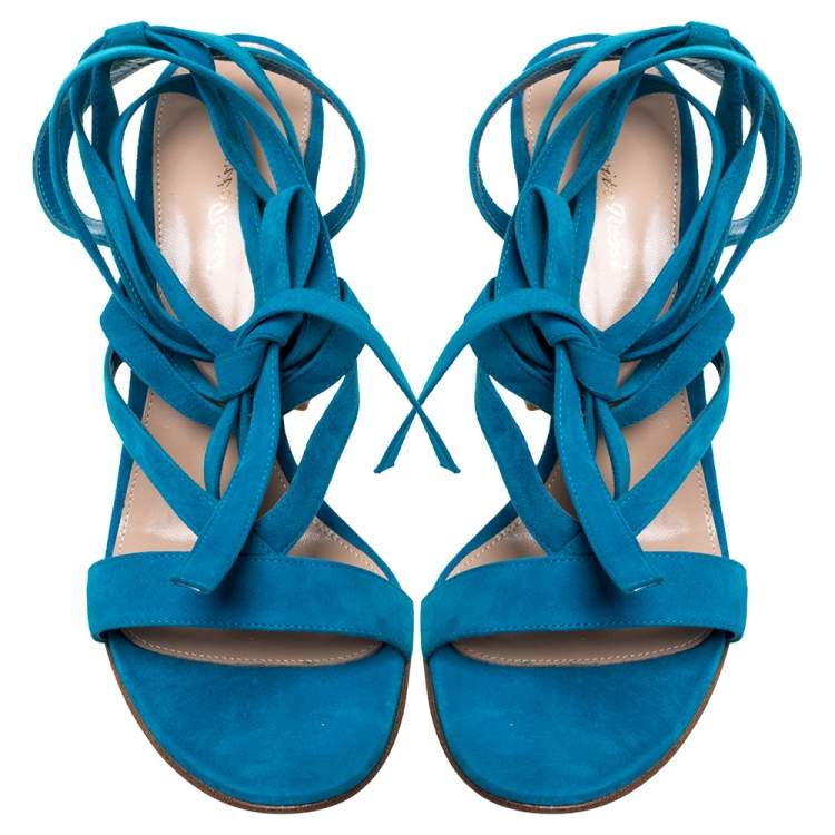 Pre Owned Gianvito Rossi Blue Suede Leather Ankle Wrap Sandals Size 41