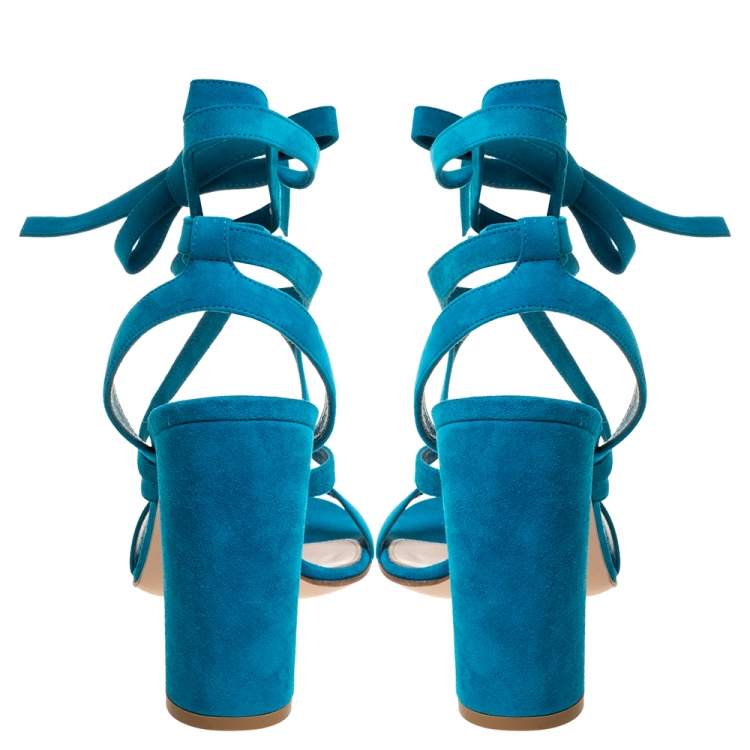 Pre Owned Gianvito Rossi Blue Suede Leather Ankle Wrap Sandals Size 41