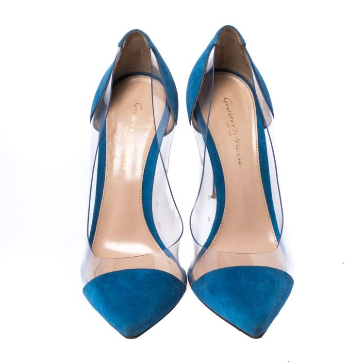 Pre Owned Gianvito Rossi Blue Suede And PVC Plexi Pointed Toe Pumps Size 38