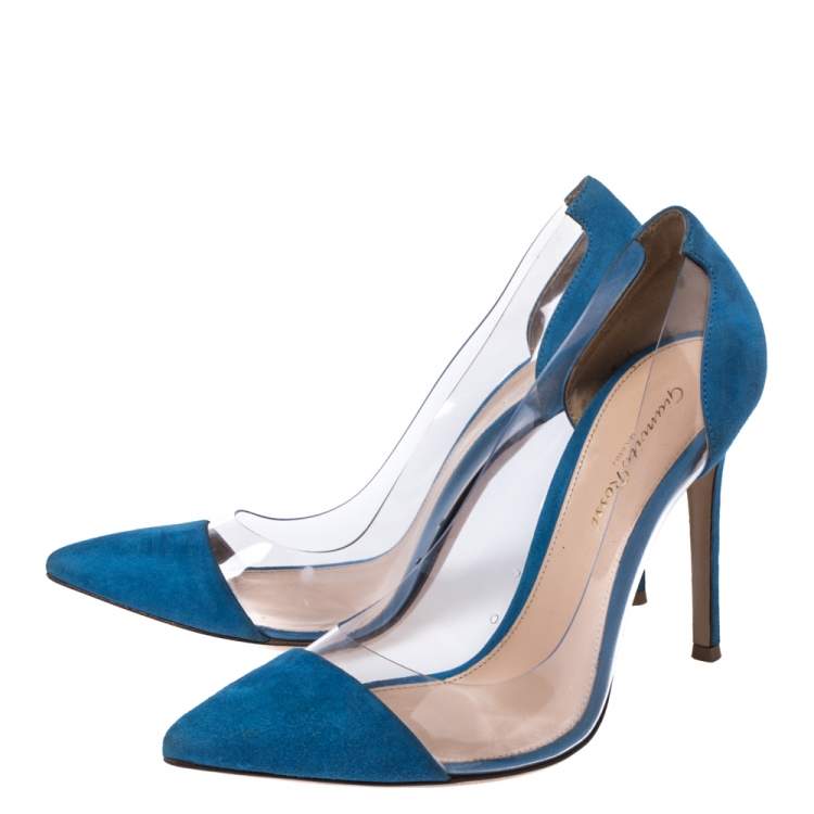 Pre Owned Gianvito Rossi Blue Suede And PVC Plexi Pointed Toe Pumps Size 38