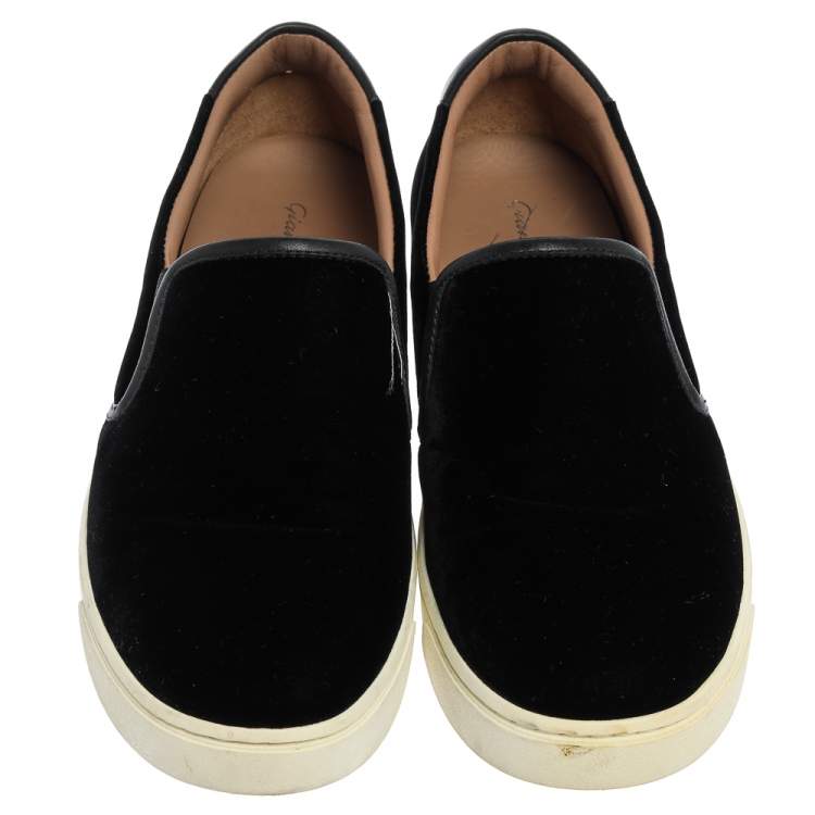 Pre Owned Gianvito Rossi Black Velvet And Leather Trim Slip on Sneakers Size 37.5