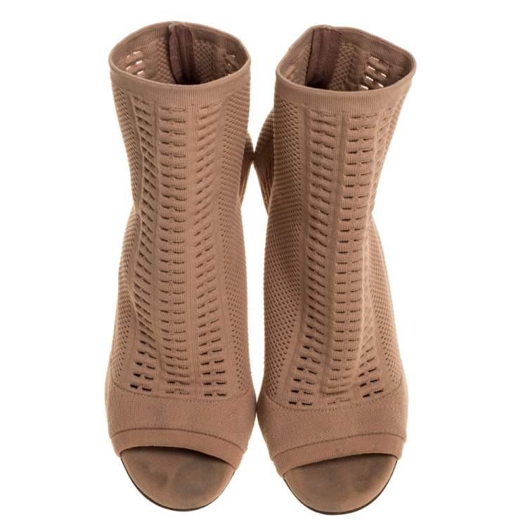 Pre Owned Gianvito Rossi Beige Stretch Knit Fabric Perforated Boots Size 37.5