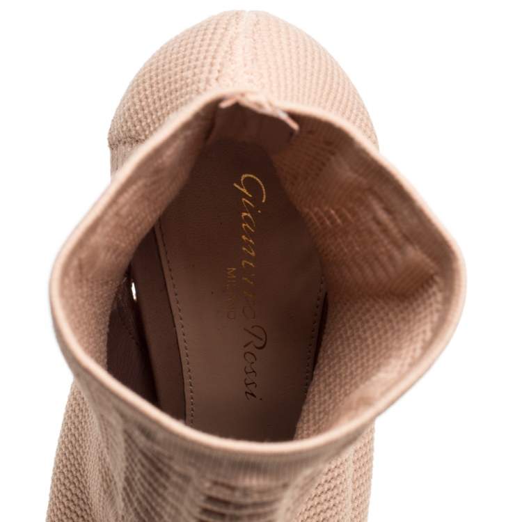Pre Owned Gianvito Rossi Beige Stretch Knit Fabric Perforated Boots Size 37.5