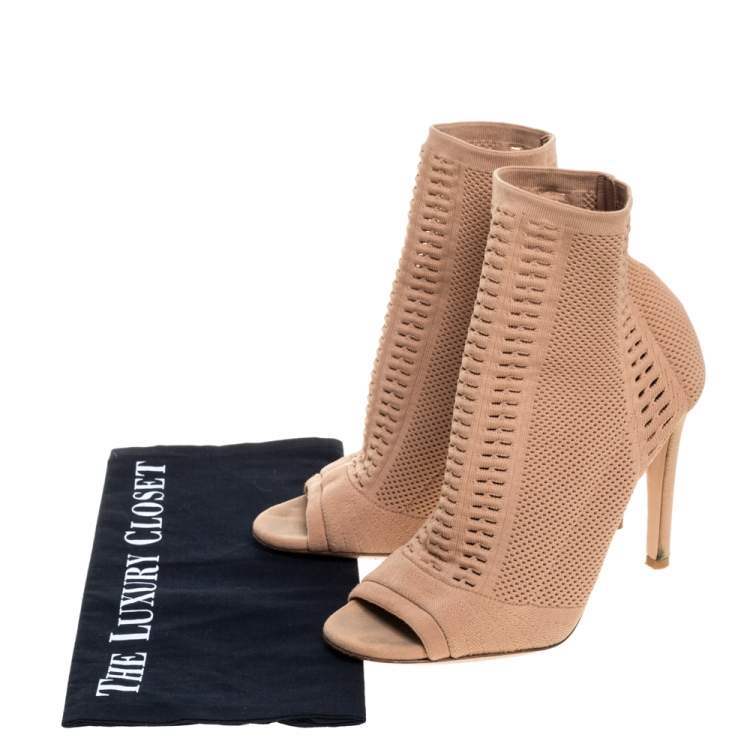 Pre Owned Gianvito Rossi Beige Stretch Knit Fabric Perforated Boots Size 37.5
