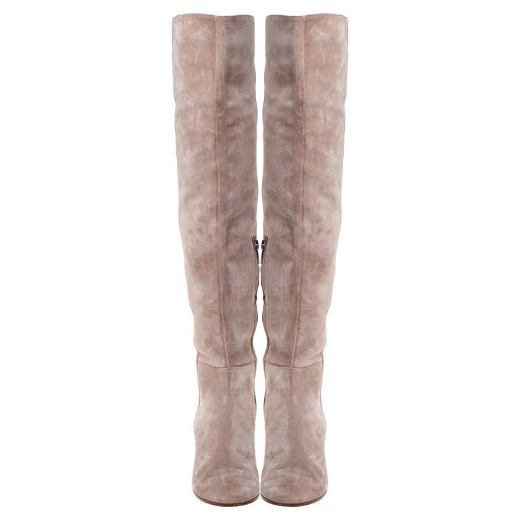 Pre Owned Gianvito Rossi Beige Suede Leather Over the Knee Boots Size 38