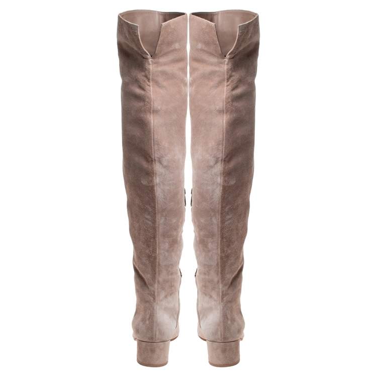 Pre Owned Gianvito Rossi Beige Suede Leather Over the Knee Boots Size 38