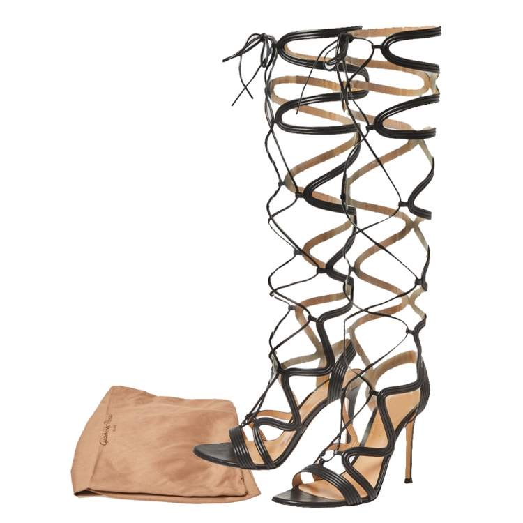 Pre Owned Gianvito Black Leather Ankle Tie Sandals Size 37