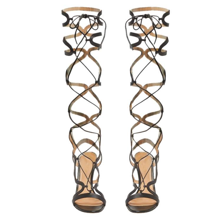 Pre Owned Gianvito Black Leather Ankle Tie Sandals Size 37