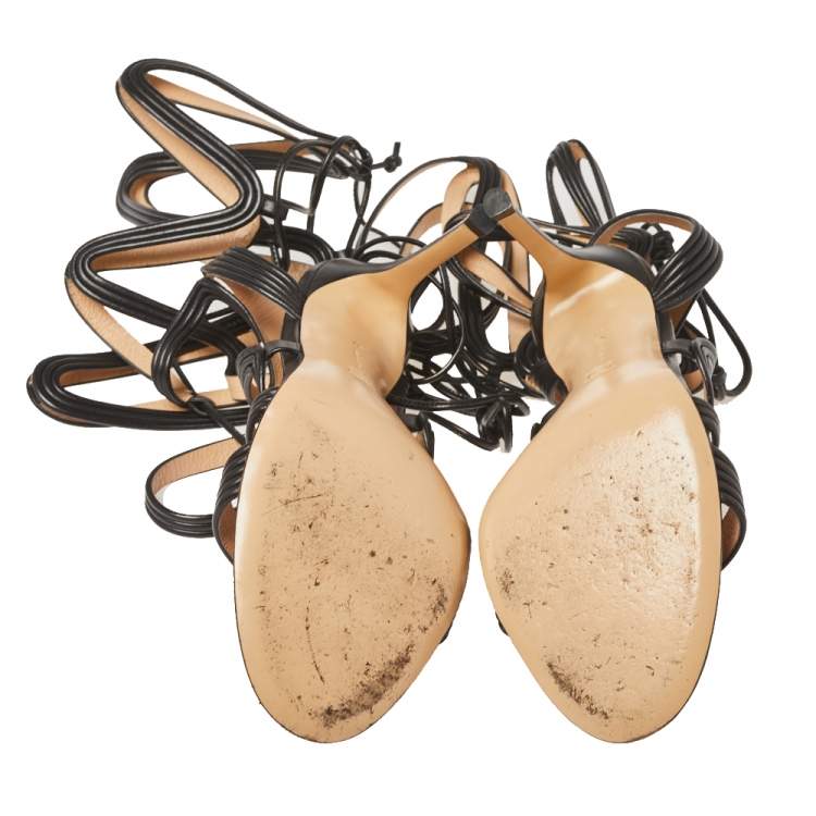 Pre Owned Gianvito Black Leather Ankle Tie Sandals Size 37