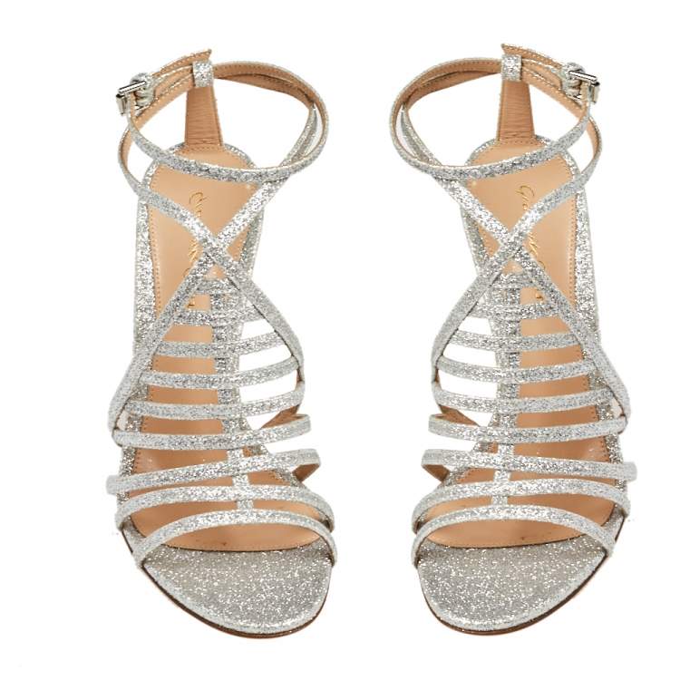 Pre Owned Gianvito Rossi Silver Glitter Vega Caged Open Toe Sandals Size 38