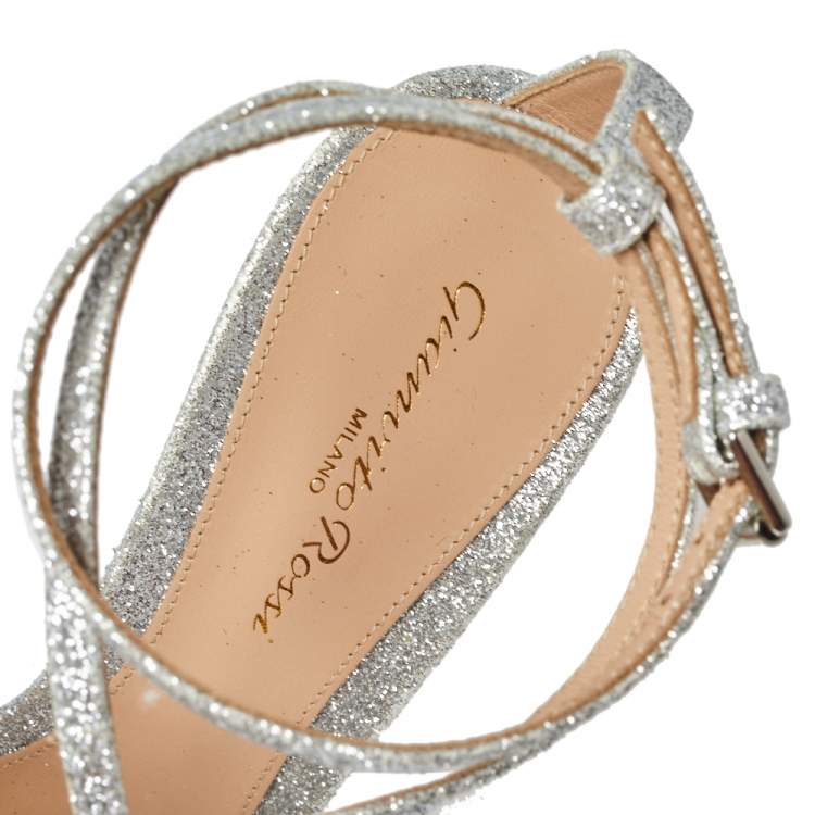 Pre Owned Gianvito Rossi Silver Glitter Vega Caged Open Toe Sandals Size 38