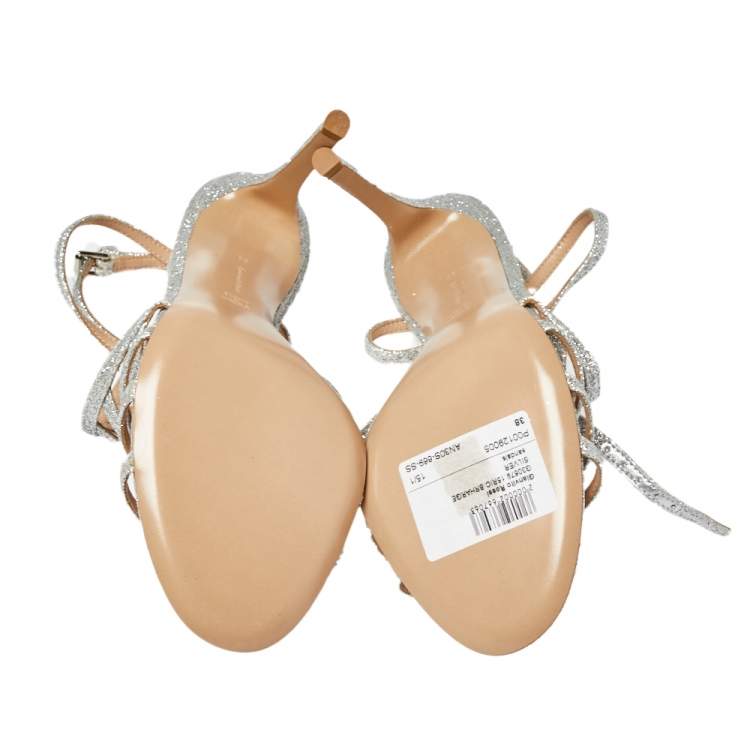 Pre Owned Gianvito Rossi Silver Glitter Vega Caged Open Toe Sandals Size 38