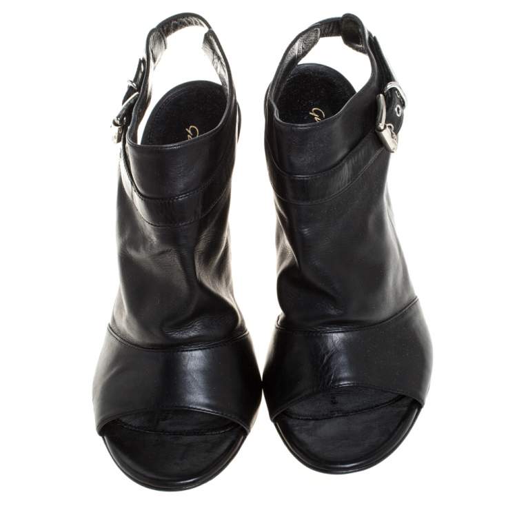 Pre Owned Gianvito Rossi Black Leather Slingback Peep Toe Booties Size 38