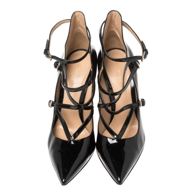 Pre Owned Gianvito Rossi Black Patent Leather Crisscross Pointed Toe Pumps Size 37.5