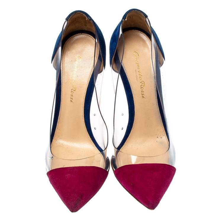 Pre Owned Gianvito Rossi Burgundy/Blue Suede and PVC Plexi Pumps Size 36