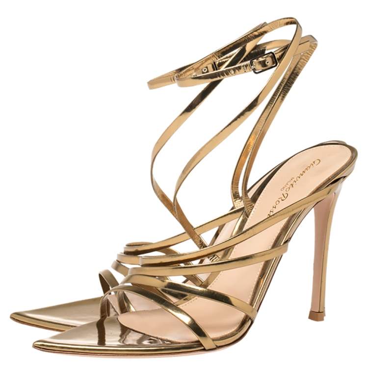 Pre Owned Gianvito Rossi Gold Patent Leather Eclypse Strappy Sandals Size 38 