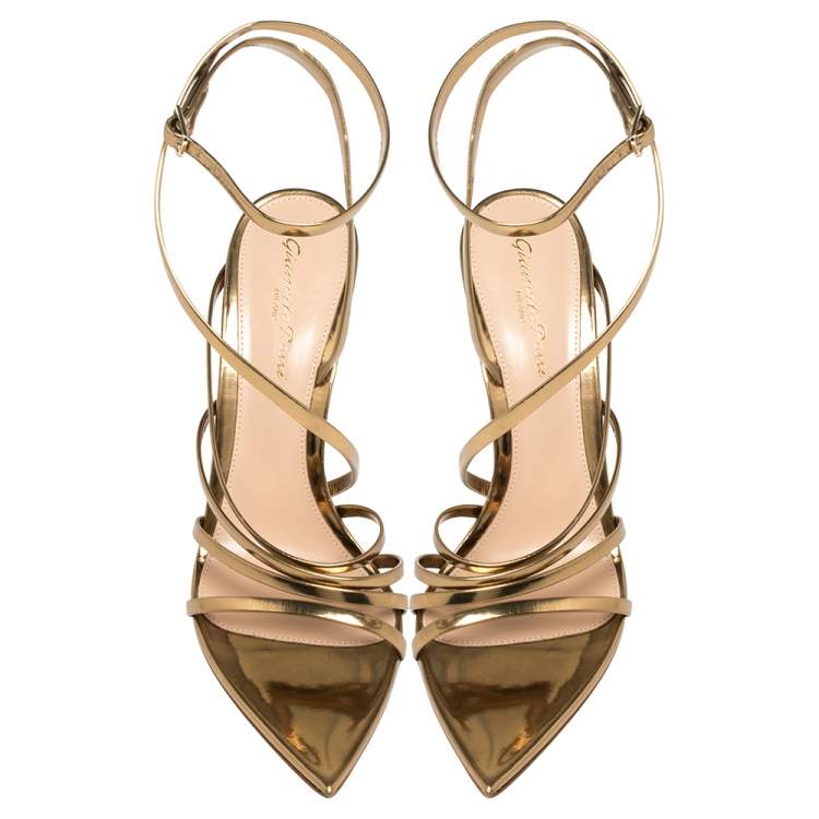 Pre Owned Gianvito Rossi Gold Patent Leather Eclypse Strappy Sandals Size 38 