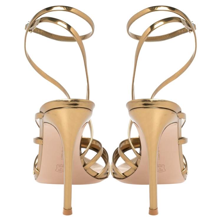 Pre Owned Gianvito Rossi Gold Patent Leather Eclypse Strappy Sandals Size 38 