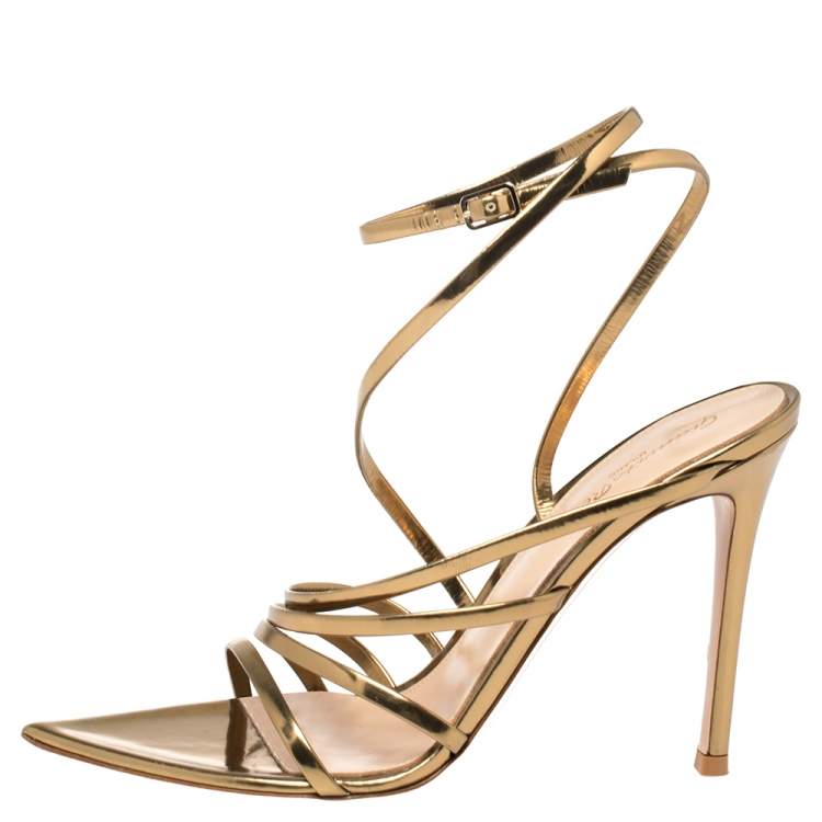 Pre Owned Gianvito Rossi Gold Patent Leather Eclypse Strappy Sandals Size 38 