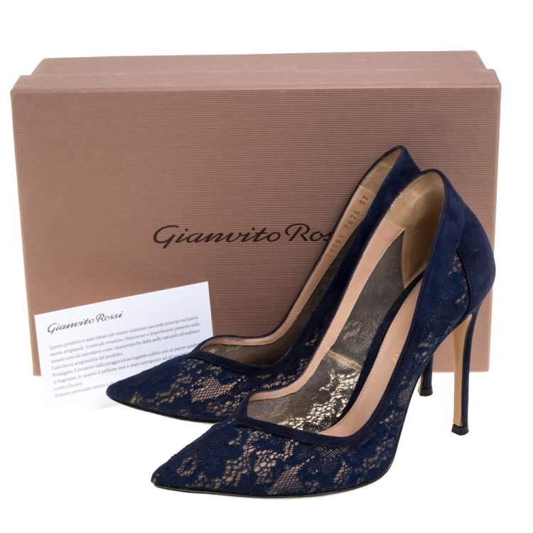 Pre Owned  Gianvito Rossi Blue Suede And Lace Pointed Toe Pumps Size 37