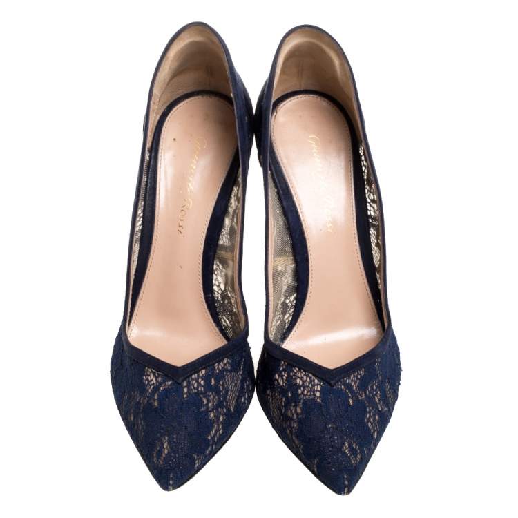 Pre Owned  Gianvito Rossi Blue Suede And Lace Pointed Toe Pumps Size 37