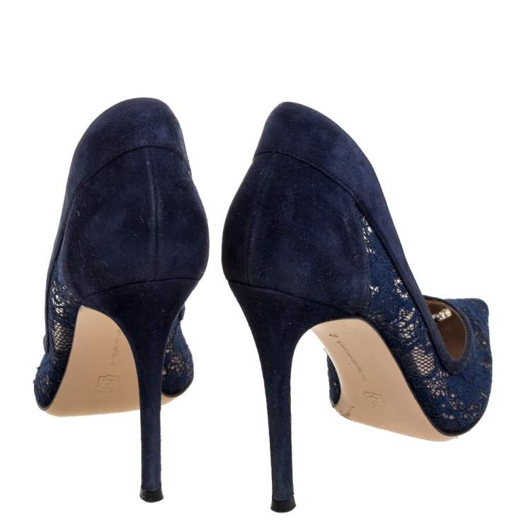 Pre Owned  Gianvito Rossi Blue Suede And Lace Pointed Toe Pumps Size 37
