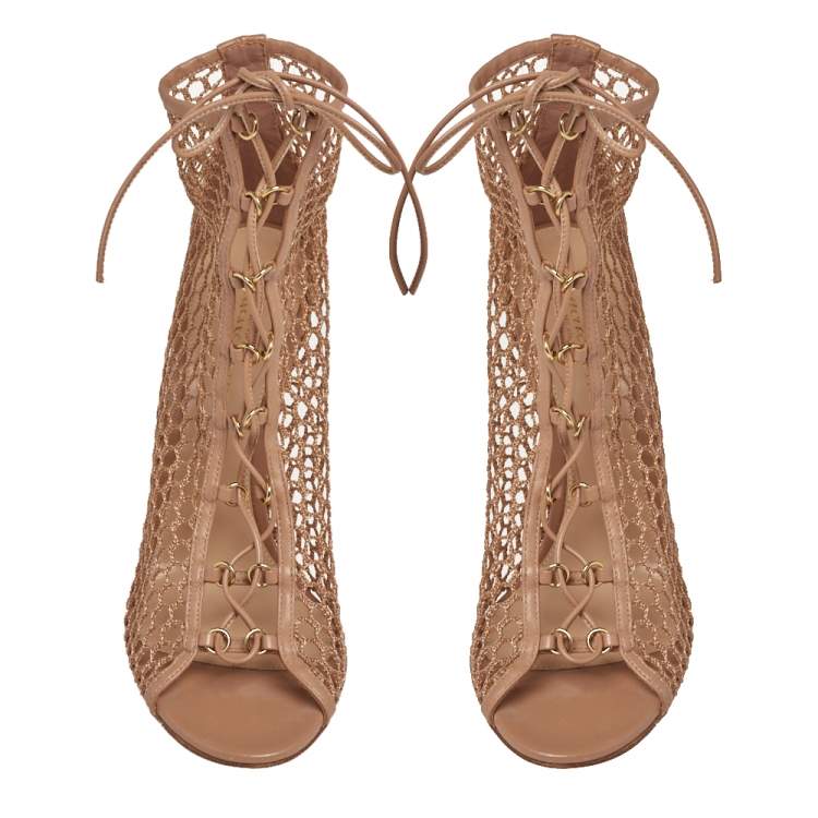 Pre Owned Gianvito Rossi Beige Mesh And Leather Helena Lace Up Crochet Booties Size 39