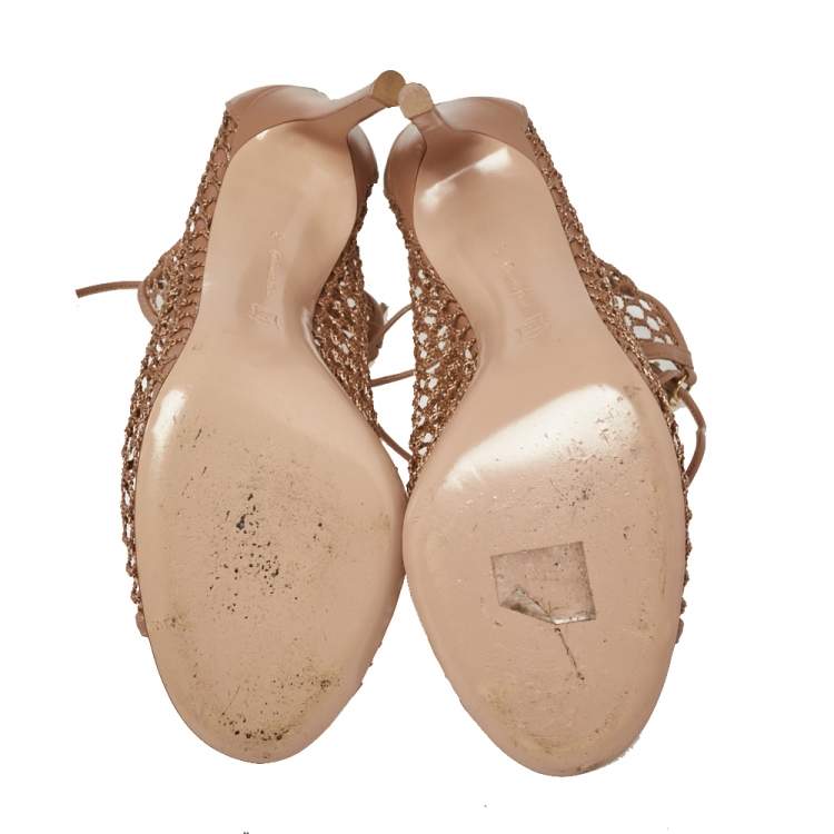 Pre Owned Gianvito Rossi Beige Mesh And Leather Helena Lace Up Crochet Booties Size 39