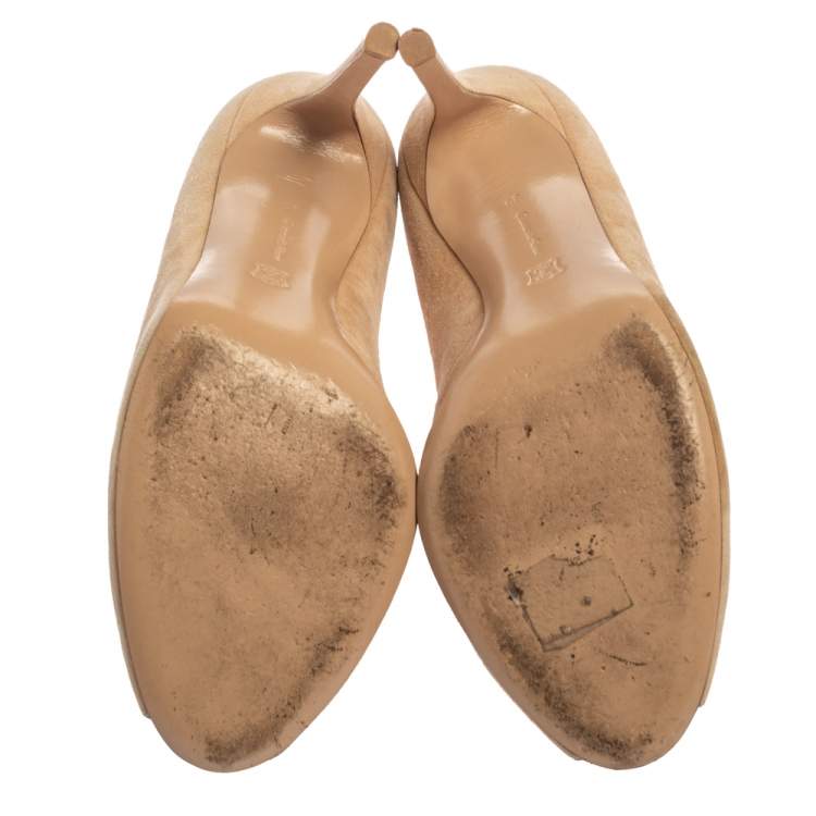 Pre Owned Gianvito Rossi Beige Suede V Neck Peep Toe Booties Size 39