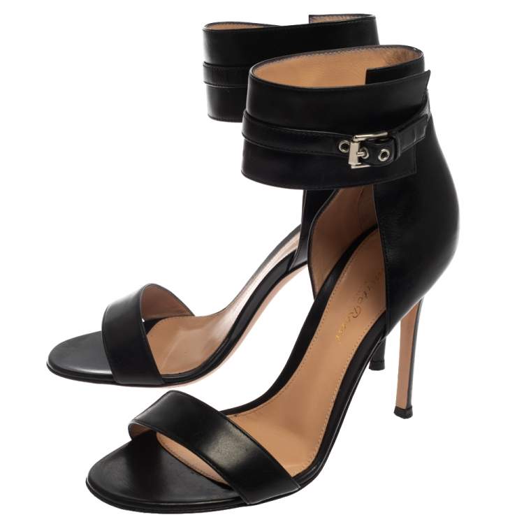 Pre Owned Gianvito Rossi Black Leather Ankle Strap  Open Toe Sandals Size 37