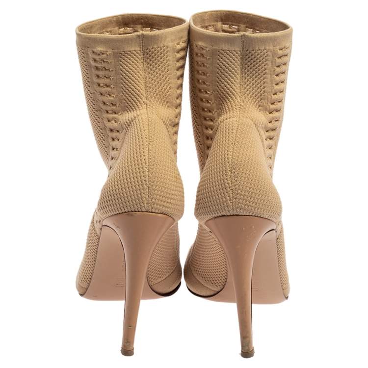 Pre Owned Gianvito Rossi Beige Knit Fabric Vires Peep Toe Ankle Boots Size 38.5