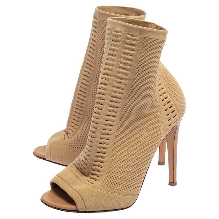 Pre Owned Gianvito Rossi Beige Knit Fabric Vires Peep Toe Ankle Boots Size 38.5