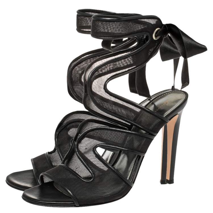 Pre Owned Gianvito Rossi Black Mesh And Leather Trim Ankle Wrap Sandals Size 38