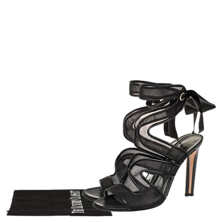 Pre Owned Gianvito Rossi Black Mesh And Leather Trim Ankle Wrap Sandals Size 38