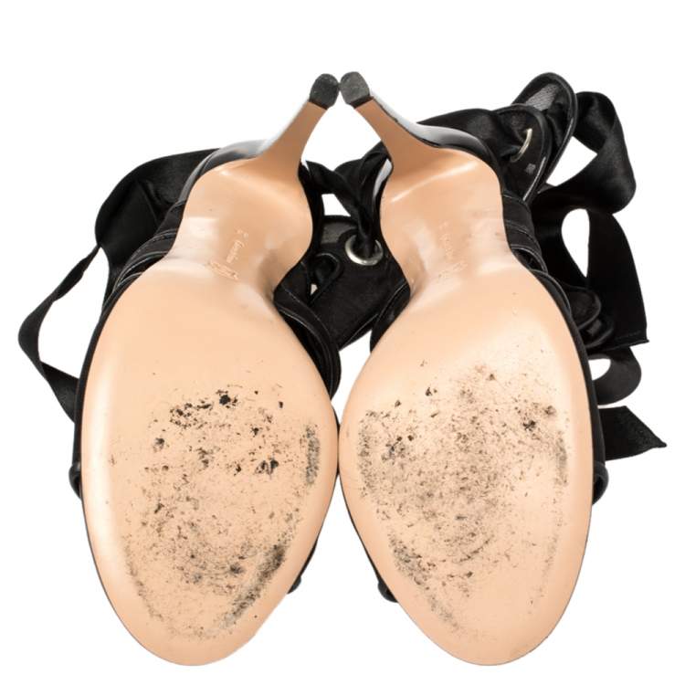 Pre Owned Gianvito Rossi Black Mesh And Leather Trim Ankle Wrap Sandals Size 38