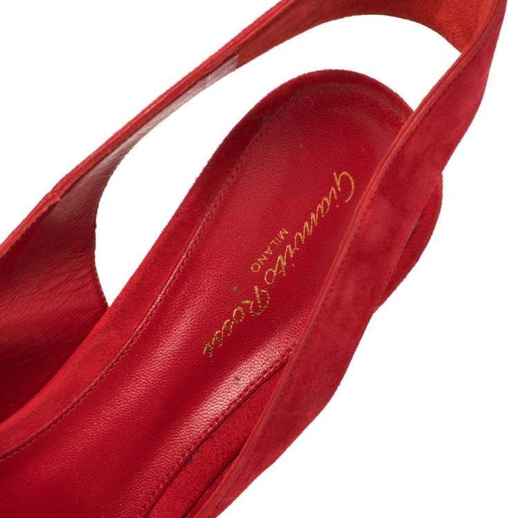 Pre Owned Gianvito Rossi Red Suede Leather Peep Toe Slingback Sandals Size 41