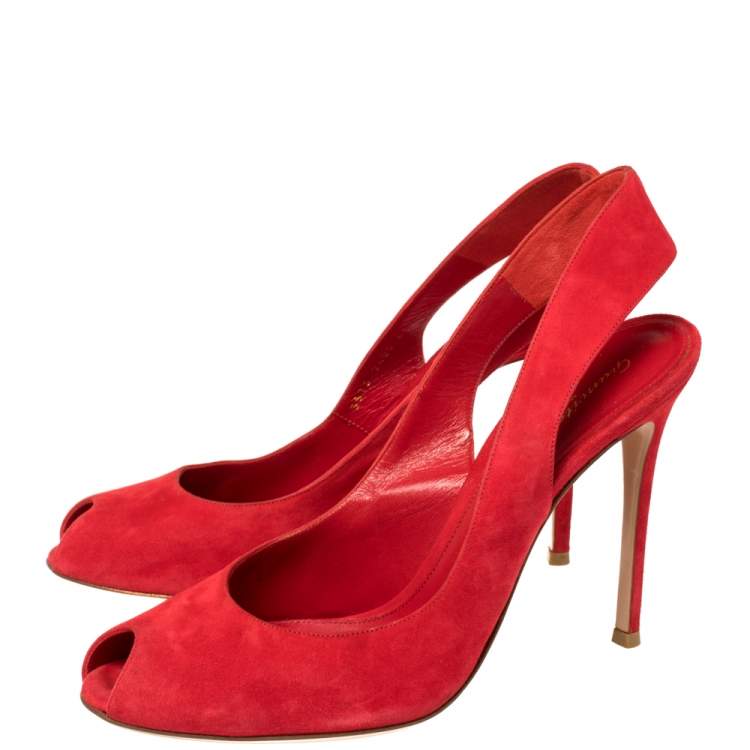 Pre Owned Gianvito Rossi Red Suede Leather Peep Toe Slingback Sandals Size 41