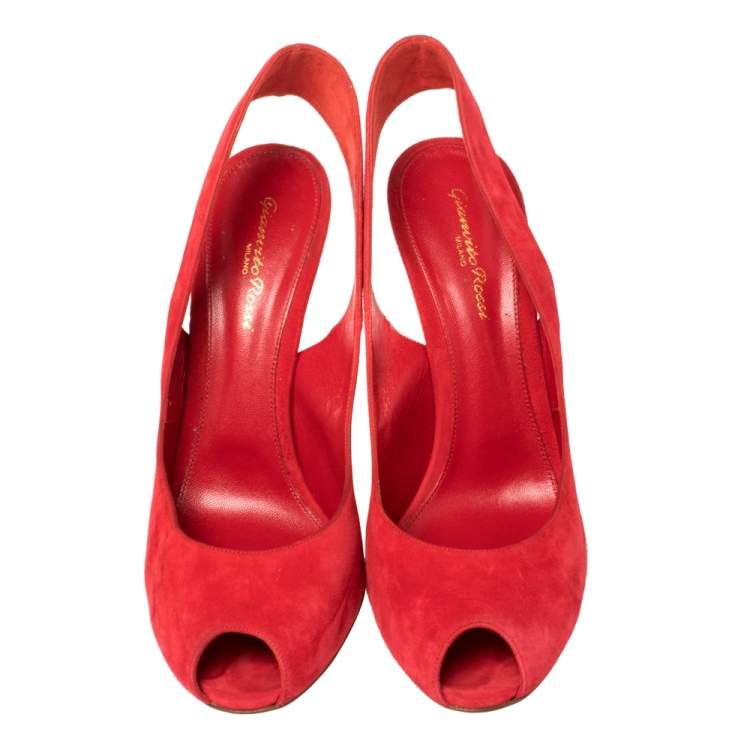 Pre Owned Gianvito Rossi Red Suede Leather Peep Toe Slingback Sandals Size 41