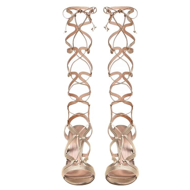 Pre Owned Gianvito Rossi Metallic Gold Leather Medusa Zig Zag Gladiator Sandals Size 37