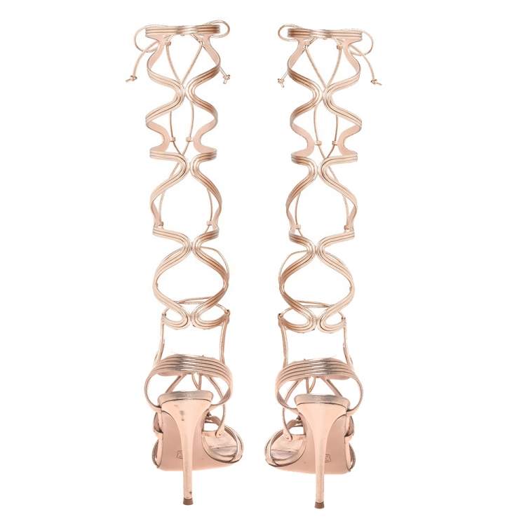 Pre Owned Gianvito Rossi Metallic Gold Leather Medusa Zig Zag Gladiator Sandals Size 37