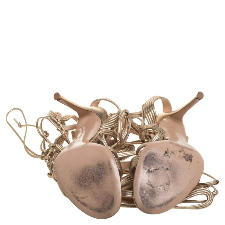 Pre Owned Gianvito Rossi Metallic Gold Leather Medusa Zig Zag Gladiator Sandals Size 37