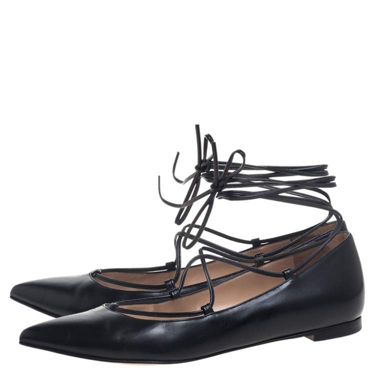 Pre Owned Gianvito Rossi Black Leather Femi Ankle Wrap Pointed Toe Flats Size 35